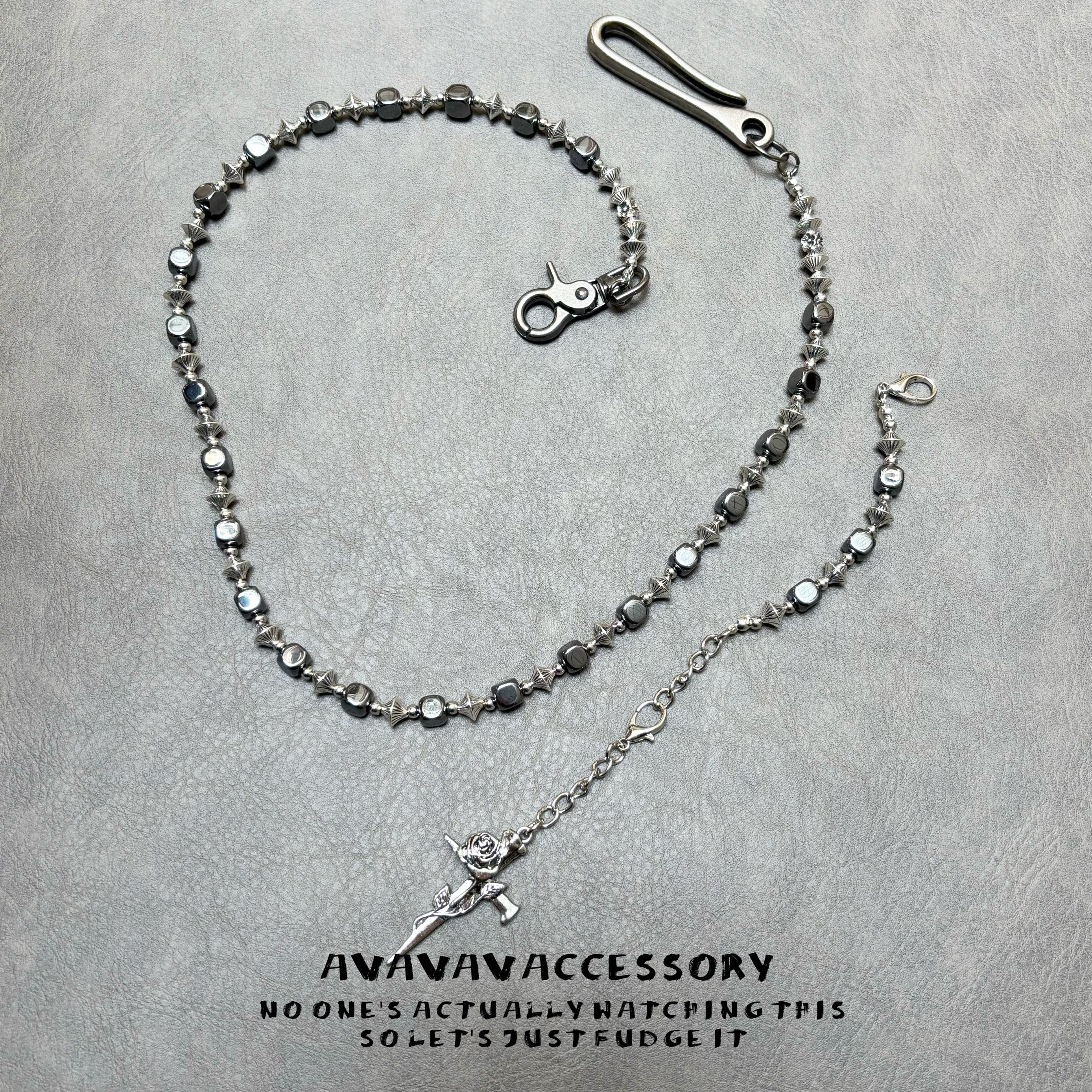 AVAVAV 原创黑胆石方珠玫瑰十字架裤链腰间挂饰潮流穿搭配饰ins