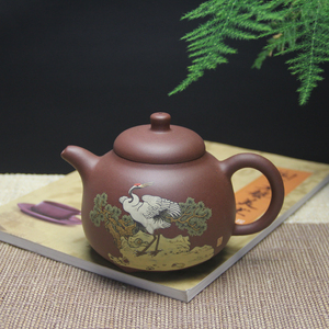 宜兴原矿紫砂茶壶全手工泥绘鹤
