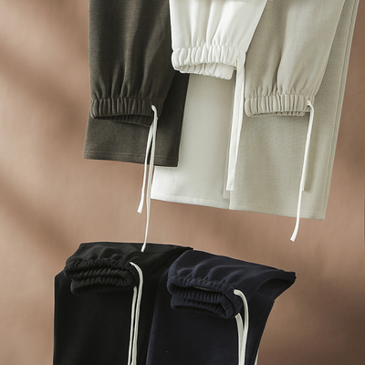 纯色松紧腰系带加绒直筒休闲裤