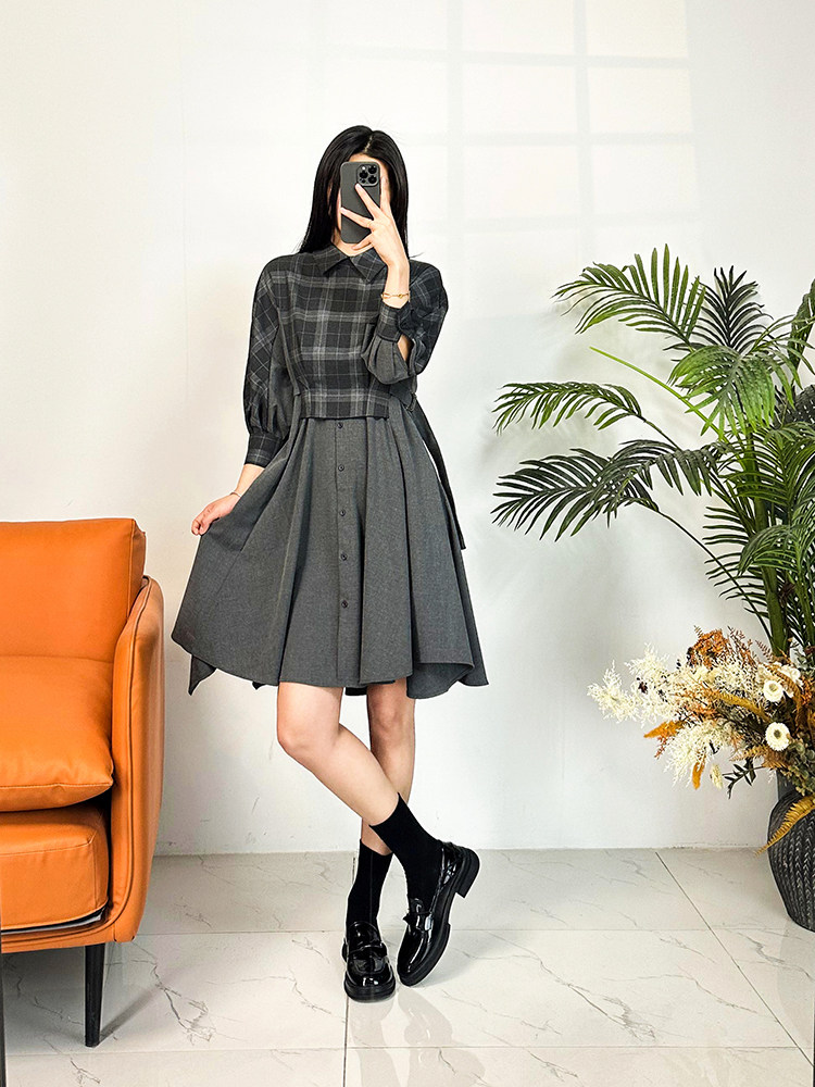 【柜子款！设计感拼接！】气质格纹衬衫领连衣裙女减龄学院风裙子,女装/女士精品,连衣裙,淘宝优惠券,粉丝福利购,淘宝优惠卷