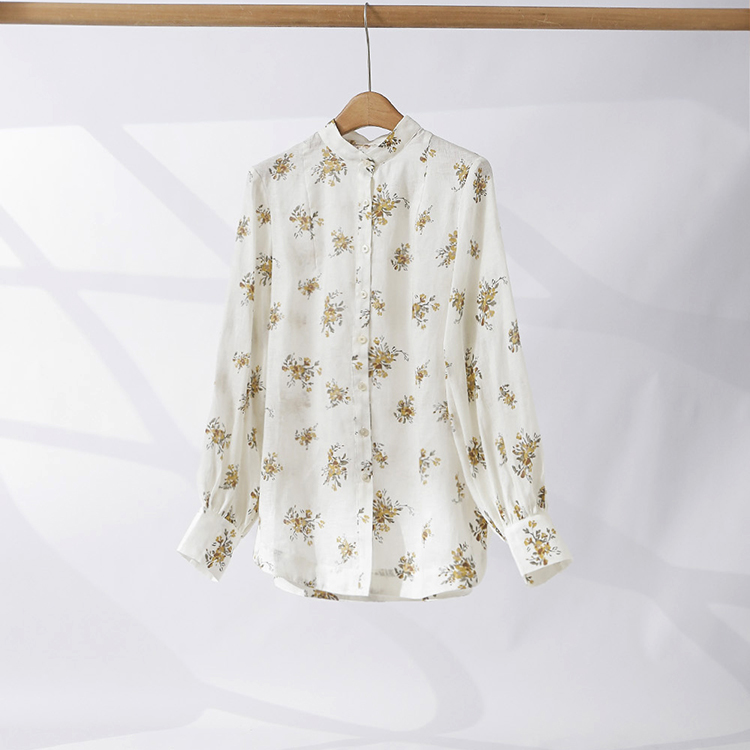 印花立领宽松长袖薄衬衫女上衣潮