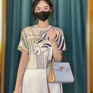 轻奢 短袖 艺术感印花 圆领时尚 女气质羊毛桑蚕丝t恤 25夏季