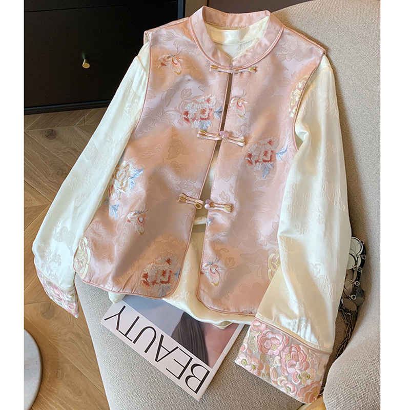 粉色新中式刺绣提花马甲套装女2026春季新款国风气质衬衫两件套