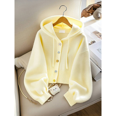 嫩黄色短款连帽针织开衫女款2025初秋季新款高级感独特超好看外套