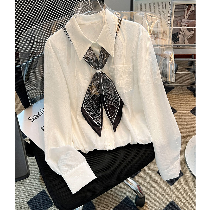 白色长袖衬衫女秋季穿搭2025新款polo领丝巾上衣女士宽松气质小衫