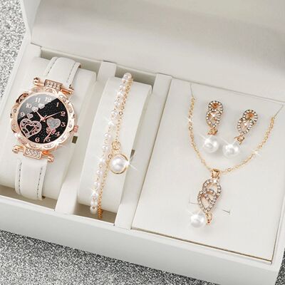 4pcs/set Women's Shiny Rhinestone Quartz Watch Analog PU Lea