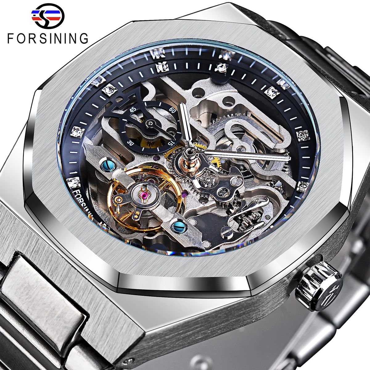 Forsining Casual Automatic Watch 3D Diamond Skeleton Hollow