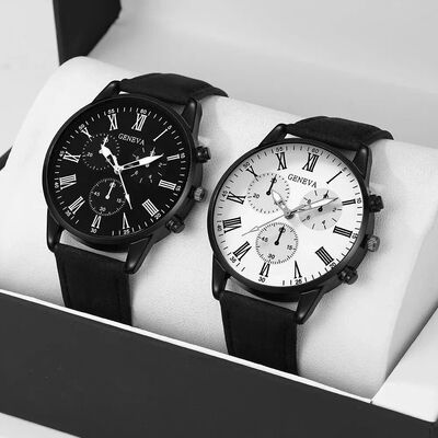 2PCS Set Couple Fashion Casual Leather Watches Ladies Simple