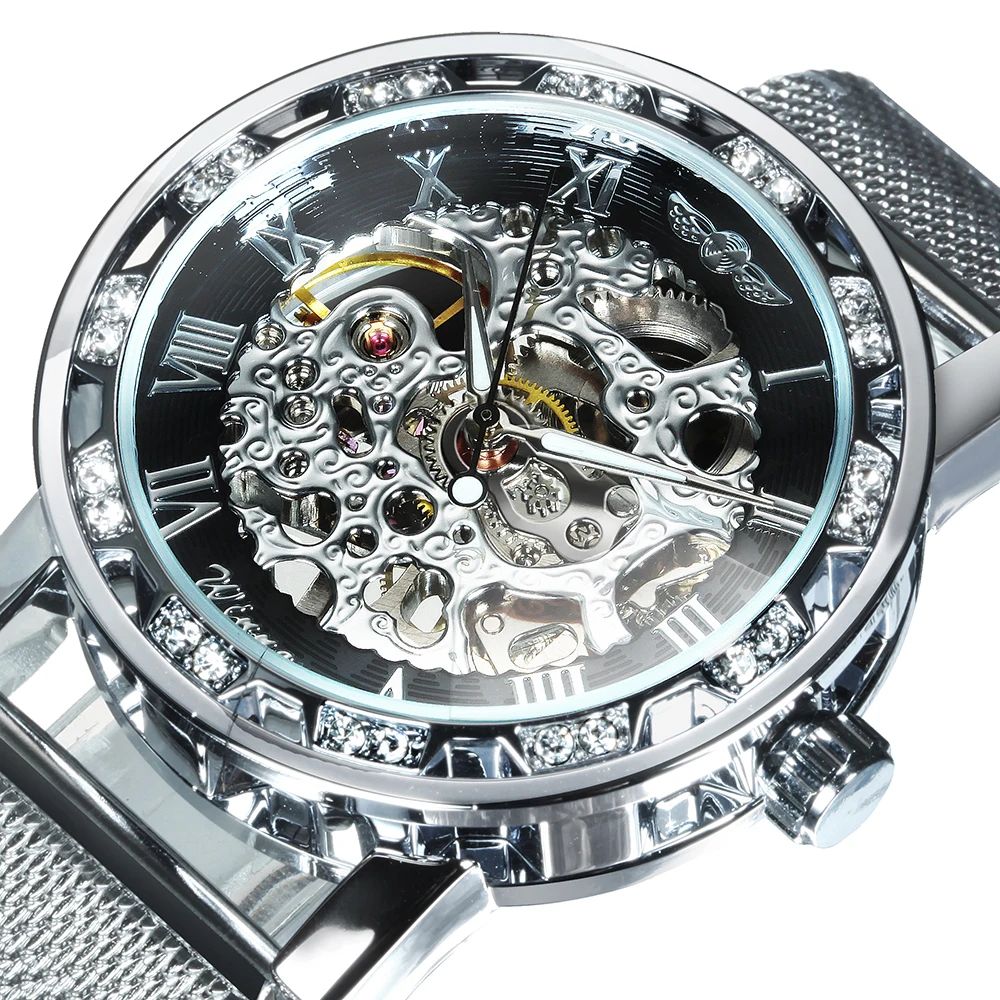 WINNER Fashion Carved Skeleton Men Watches Silver Top Brand