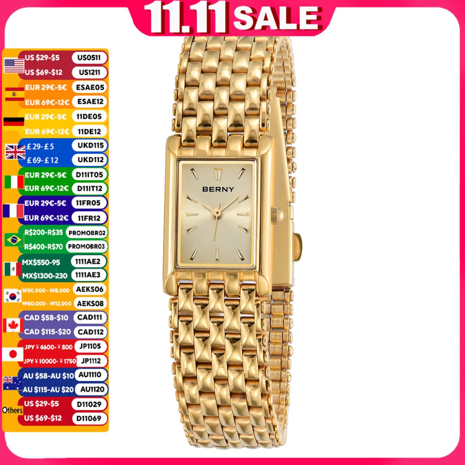 BERNY Gold Watch for Women Square Ladies Quartz Wristwatches