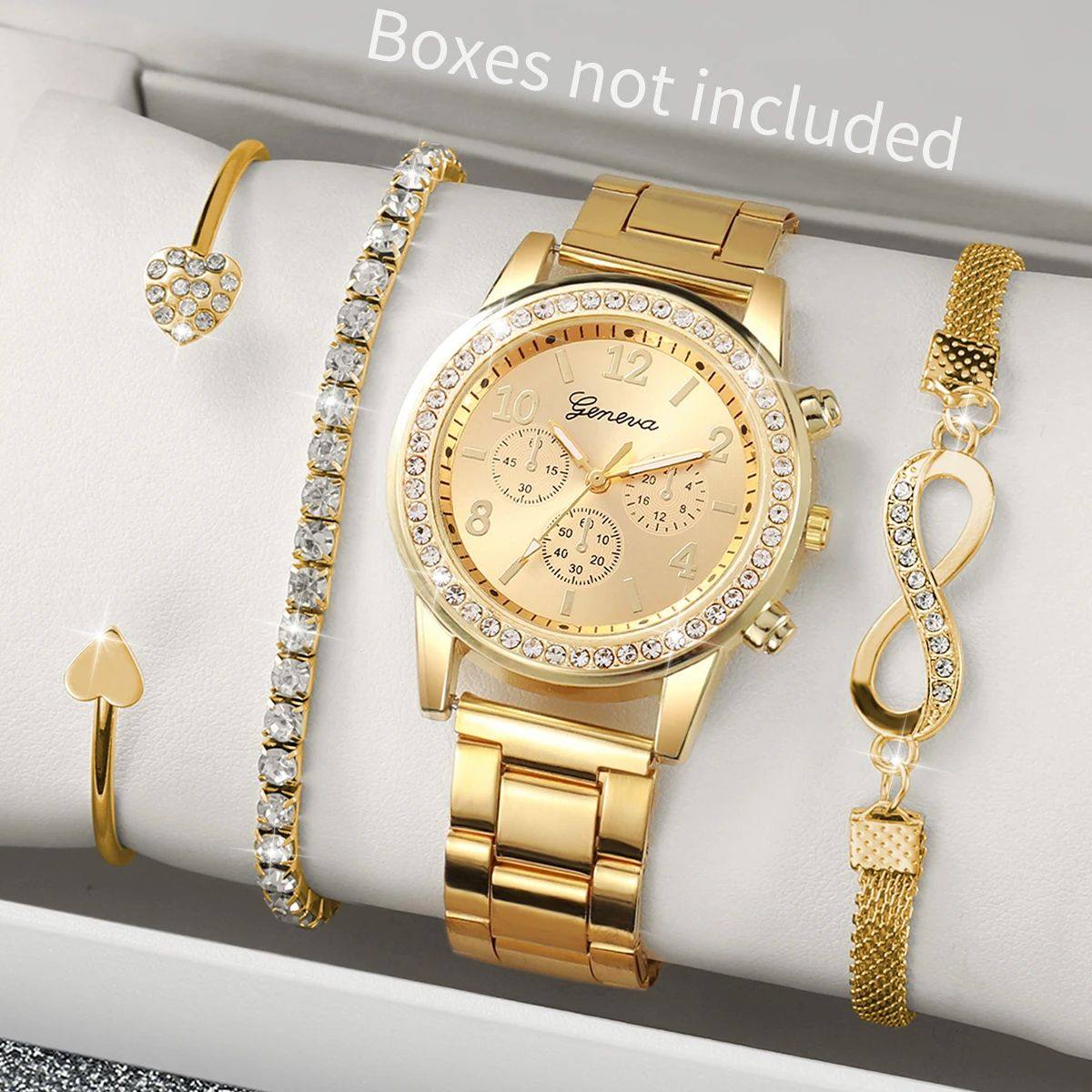 4PCS Fashion Women Watch Luxury Rhinestone Steel Band Ladies