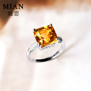 天然黄水晶戒指女轻奢高级感稀有芬达色小方糖简约925纯银戒子