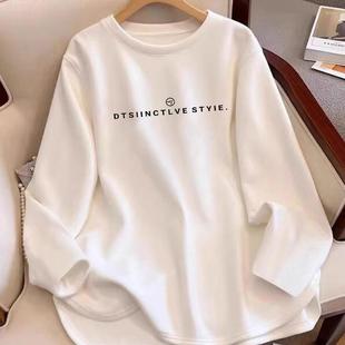 白色加绒打底衫女纯棉长袖t恤秋冬季欧韩货高端搭配鲨鱼裤的上衣