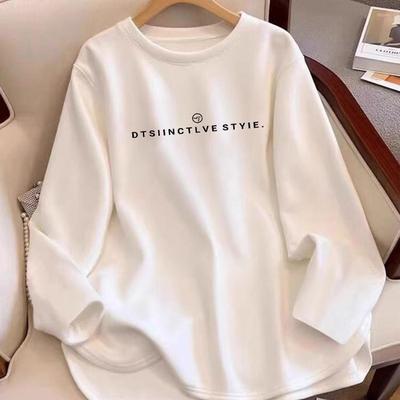 白色加绒打底衫女宽松长袖t恤