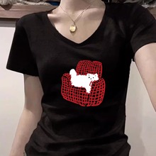 黑色v领纯棉短袖t恤女装2025新款夏季小众设计感韩系chic别致上衣