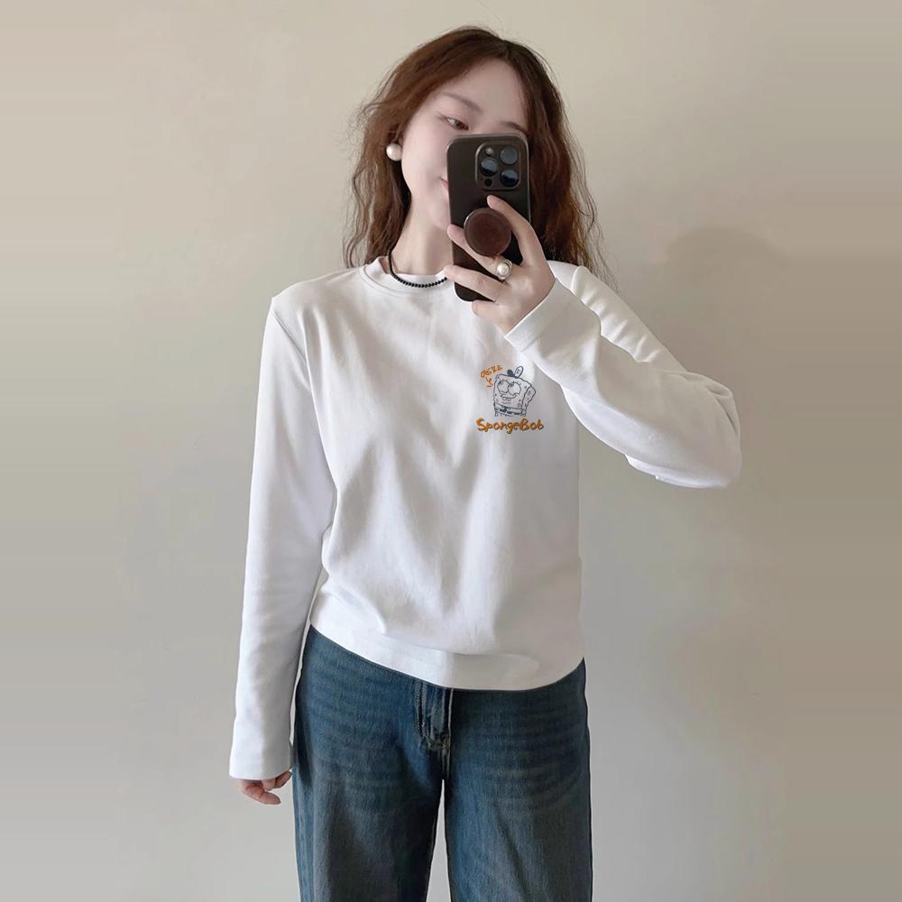 早春白色纯棉打底衫女装秋冬季加绒洋气内搭圆领正肩长袖t恤上衣