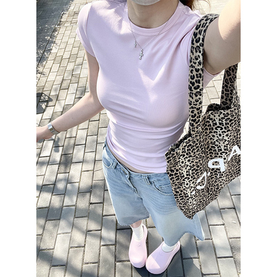 粉色正肩纯棉短袖t恤女2025新款夏季清纯掐腰气质小众不撞款上衣