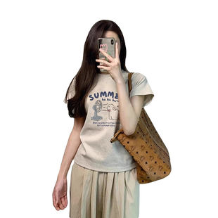 灰色正肩纯棉短袖t恤女装2026新款夏季美式复古冷淡系高级感上衣