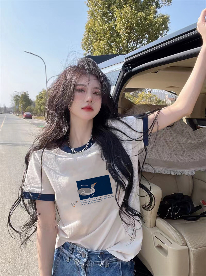 夏季美式复古纯棉质感短袖t恤女图片