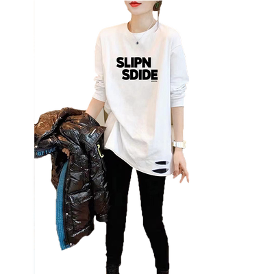 白色破洞中长款打底衫女秋冬加绒