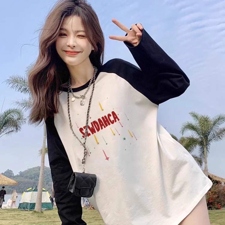 早秋季宽松纯棉打底衫撞色上衣服