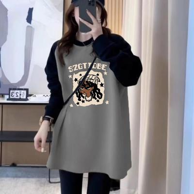 插肩长袖t恤女装中长款加绒上衣