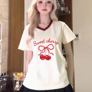 宽松韩系慵懒松弛感学院风上衣 纯棉v领短袖 t恤女2025新款 爆款 夏季
