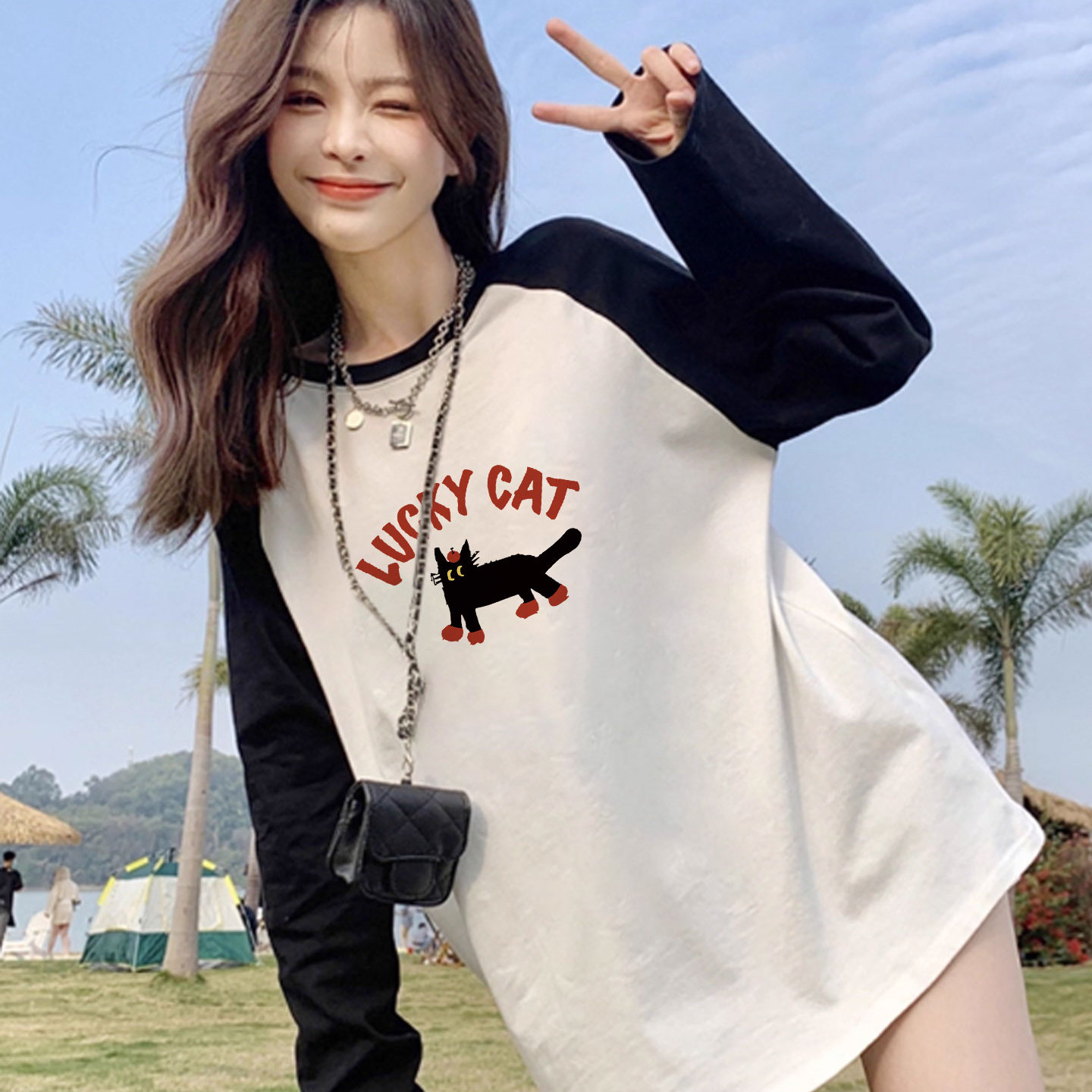 纯棉撞色插肩长袖t恤女装打底衫