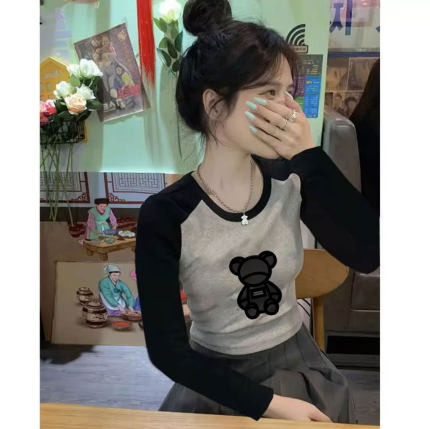 春秋装时尚洋气时髦内搭打底衫女冬季辣妹短款长袖t恤插肩袖上衣