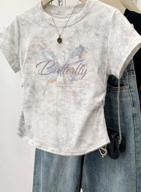 白色正肩扎染纯棉短袖t恤女2026新款夏季复古高级小众不撞衫上衣