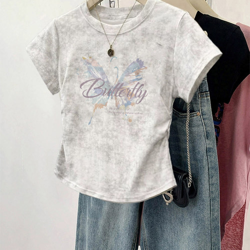 白色正肩扎染纯棉短袖t恤女2026新款夏季复古高级小众不撞衫上衣