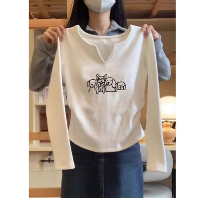 秋冬季加绒内搭高级感可外穿打底衫女2025新款v领纯棉长袖t恤上衣