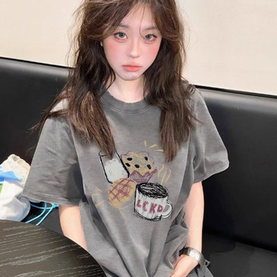 灰色纯棉短袖t恤女2025新款爆款夏季宽松韩版慵懒风美式穿搭上衣