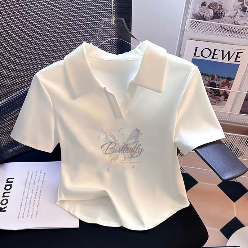 2025新款白色纯棉正肩polo领短袖T恤女夏季超火减龄修身百搭上衣