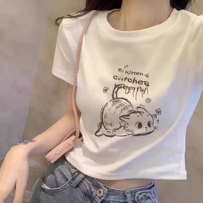 美式复古辣妹正肩白色短袖t恤女装夏季小众修身显瘦短款纯棉上衣