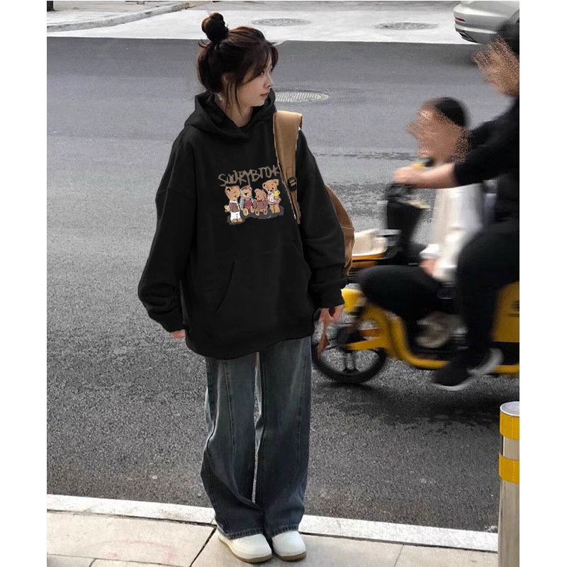 秋冬季加绒加厚黑色女士连帽卫衣