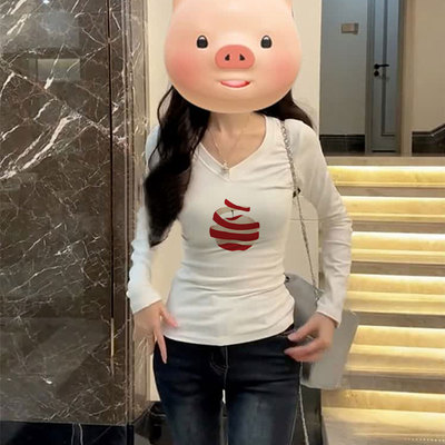 早秋chic长袖t恤v领上衣女2025新款内搭打底衫今年流行的女装小衫