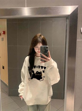 灰色加绒长袖卫衣女2025早秋新款冬季美式复古chic潮牌高级感上衣