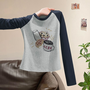 纯棉插肩长袖t恤女2025新款秋冬季加绒内搭打底衫设计感小众上衣