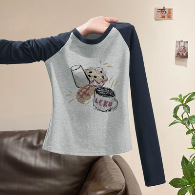 纯棉插肩长袖t恤女2025新款秋冬季加绒内搭打底衫设计感小众上衣