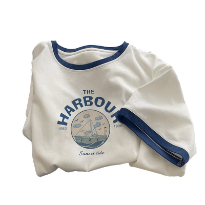 夏季宽松纯棉撞色卡通短袖t恤女