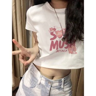 夏季 辣妹短款 2025新款 纯棉短袖 冷淡系高级感别致独特上衣 T恤女装