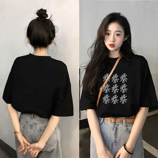 黑色宽松显瘦纯棉短袖t恤女2026新款夏季超火欧货小众不撞款上衣
