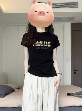 黑色正肩纯棉短袖t恤女2026早春新款欧货夏季欧洲站潮牌修身上衣