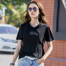 美式复古黑色连帽短袖t恤女夏季宽松设计感小众韩系chic别致上衣