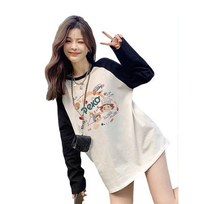 纯棉打底衫撞色插肩长袖t恤上衣