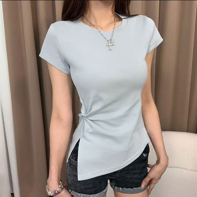 蓝色正肩短袖t恤女2025新款夏季不规则小众设计感不撞款穿搭上衣