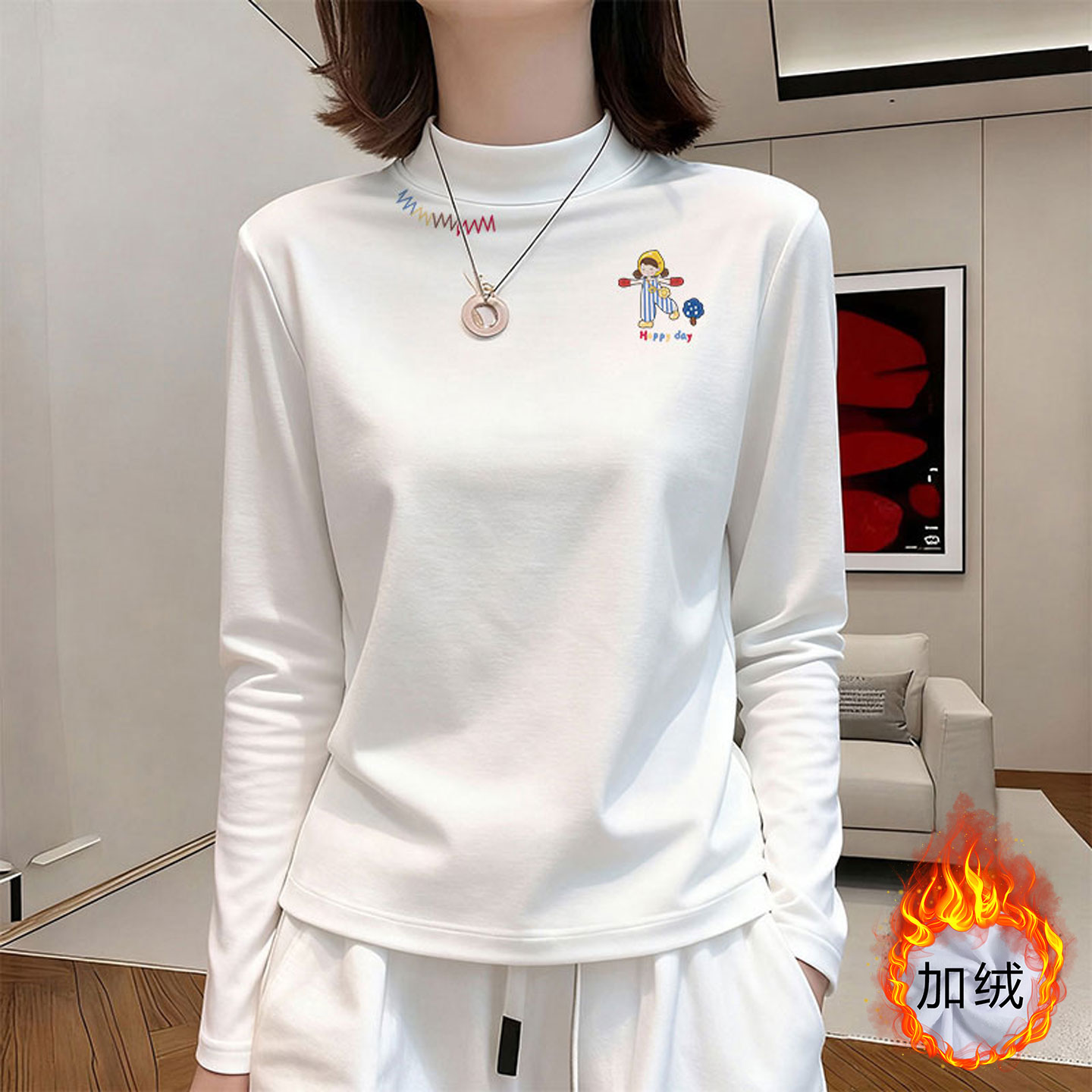 秋冬季加绒独特漂亮白色内搭打底衫2025今年新款女装长袖t恤上衣