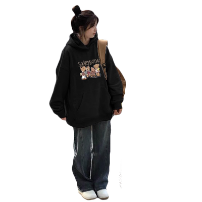 秋冬季加绒加厚黑色女士连帽卫衣