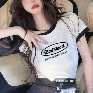 黑白拼接女装 美式 2026年新款 t恤女夏季 上衣ins潮 复古正肩纯棉短袖